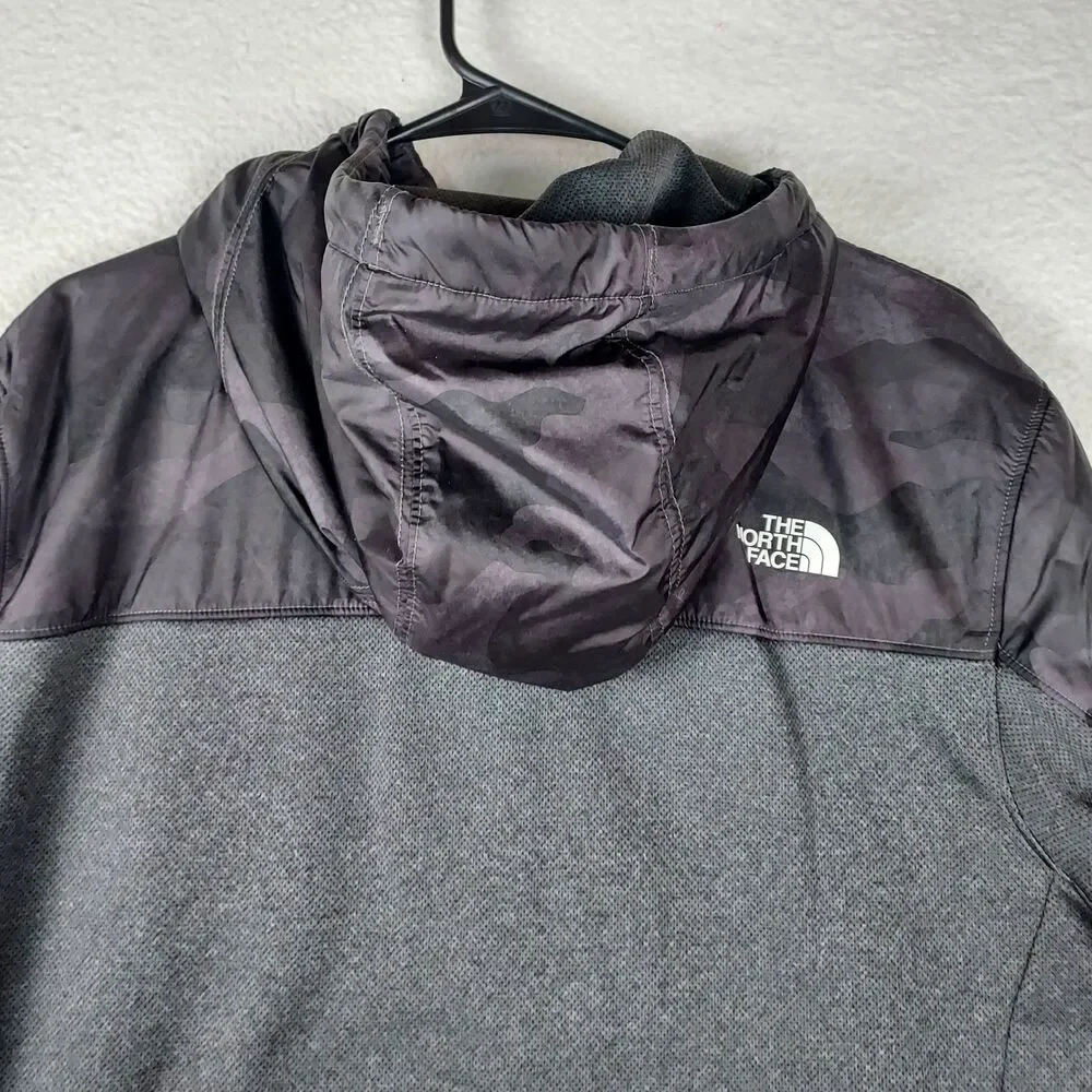 The North Face Mens Large Full Zip Hooded Fleece Jacket Gray Black Camo Logo